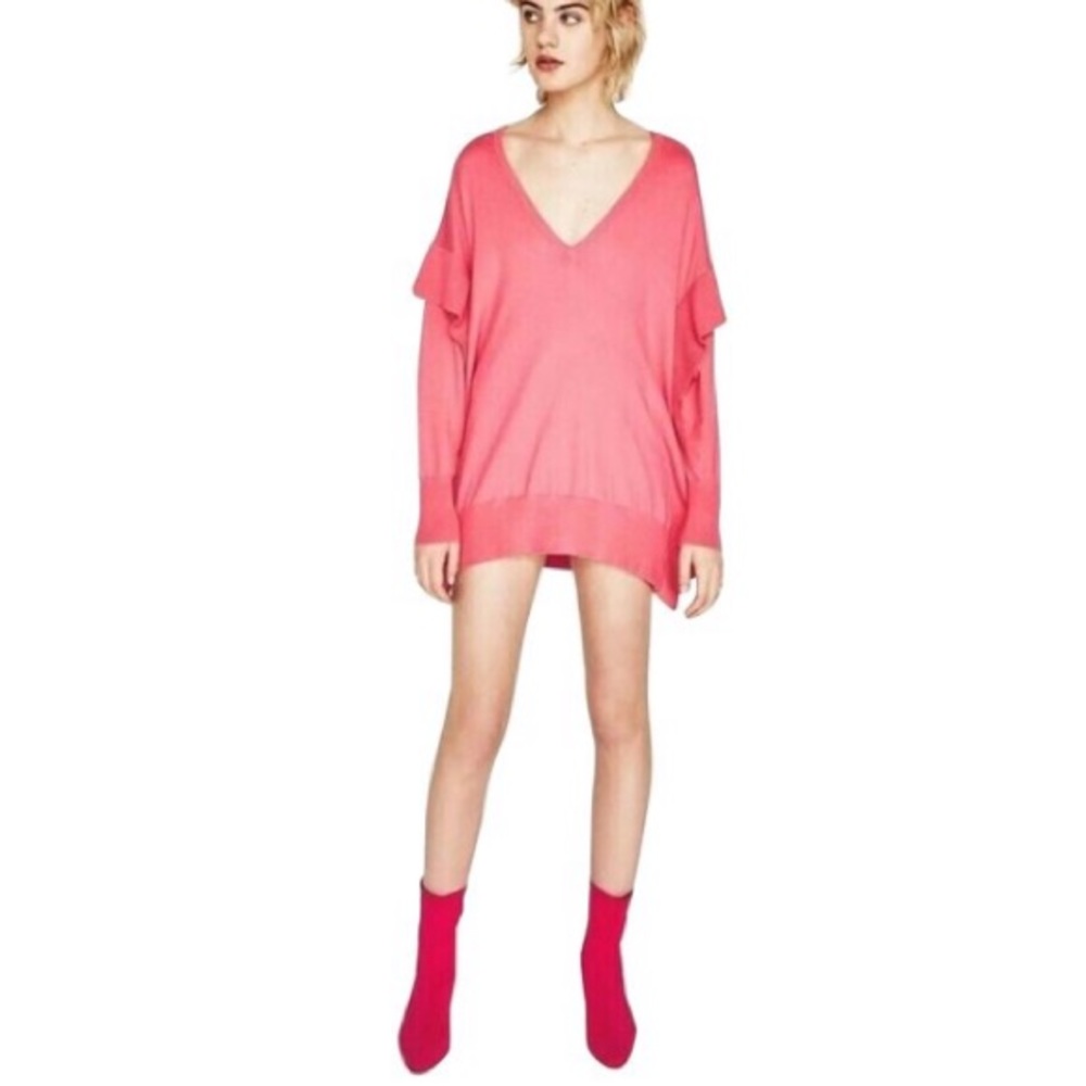 NEW ZARA Pink Oversized Ruffle Sleeve Flounce Tunic Knit Sweater